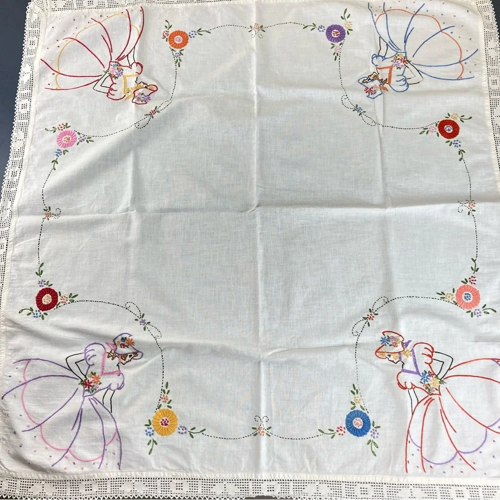 Vintage Hand Embroidered Linen & Lace Tablecloth Crinoline Ladies in Hoop Skirts